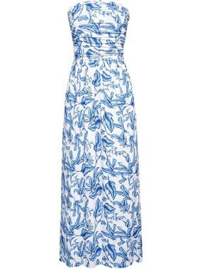 Women's Maxi Dress Blue Leaves White Strapless Neck Sleeveless A LINE Summer